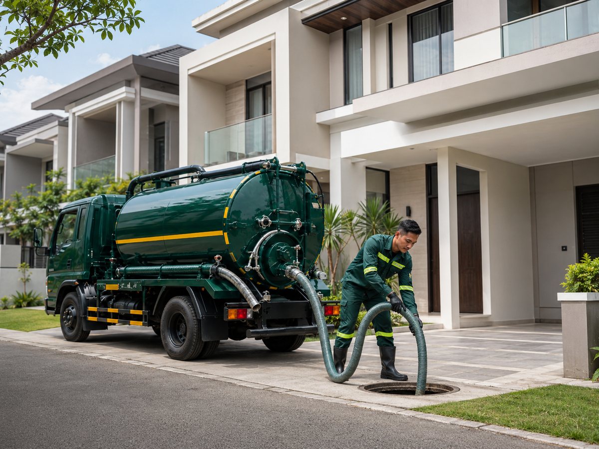 Armada sedot WC bekerja di depan rumah pelanggan
