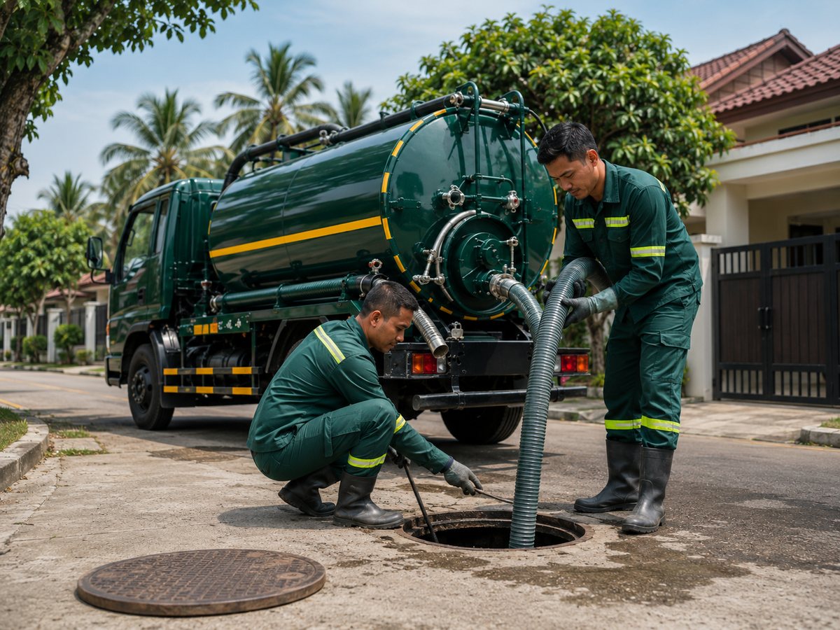 Dua teknisi menangani saluran dengan armada jasa sedot WC