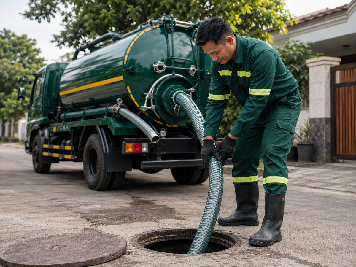 Teknisi sedang memasukkan selang penyedot ke septic tank
