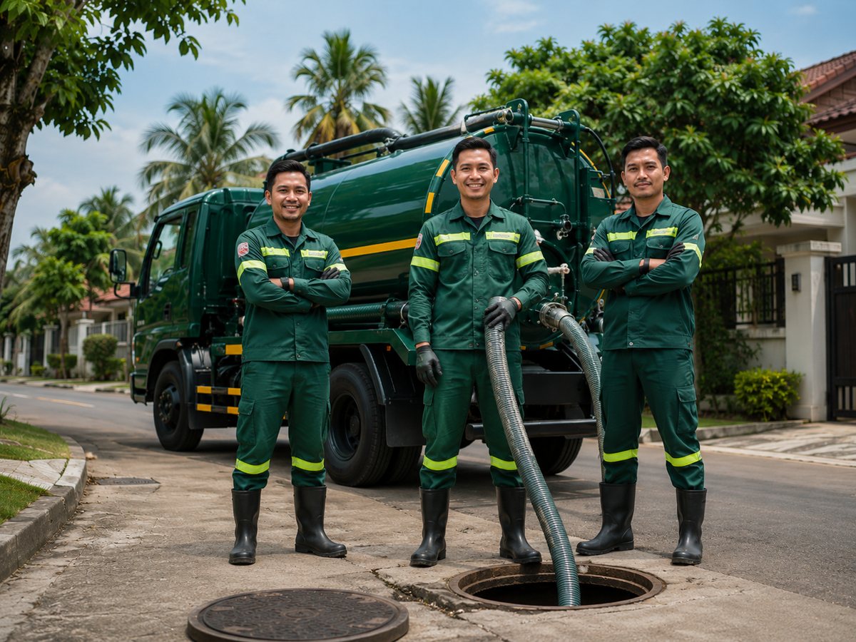 Tim profesional jasa sedot WC Kuningan berdiri di depan armada operasional